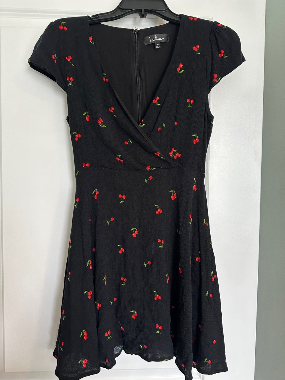 Lulu's Black Cherry-Print Wrap Mini Dress